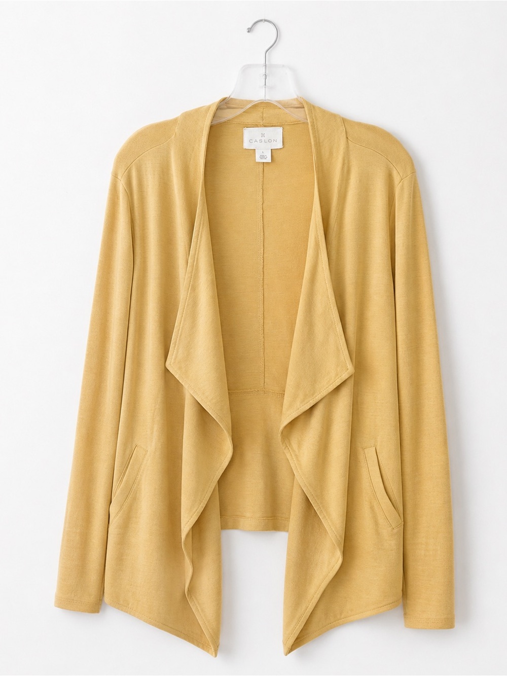 Caslon Draped Open-Front Cardigan in Mustard